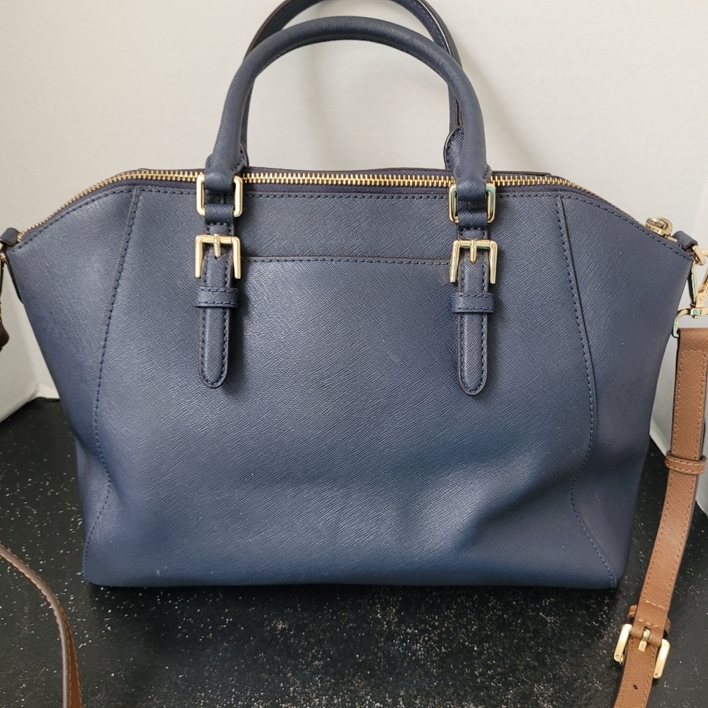 Michael Kors Navy Blue Ciara Satchel Bag With Brown Crossbody Strap - Picture 7 of 15